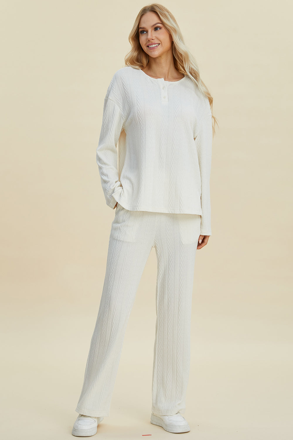 Double Take Full Size Cable-Knit Long Sleeve Top and Pants Set - The Boutie Shop