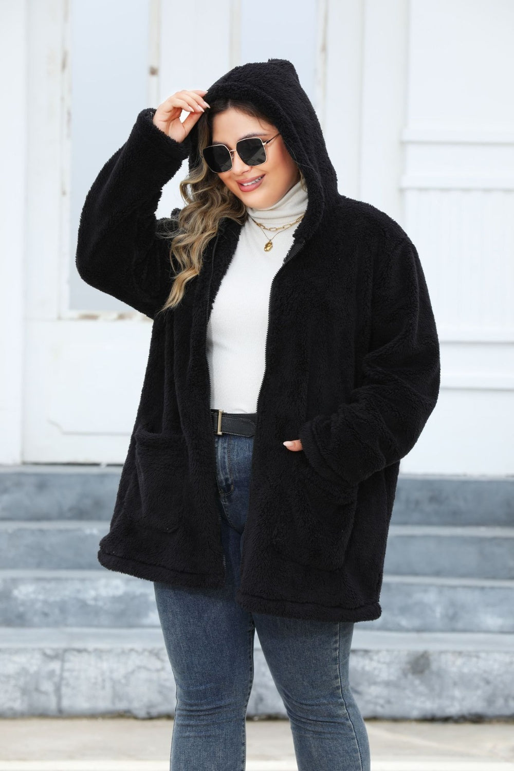 Plus Size Zip Up Long Sleeve Hooded Outerwear