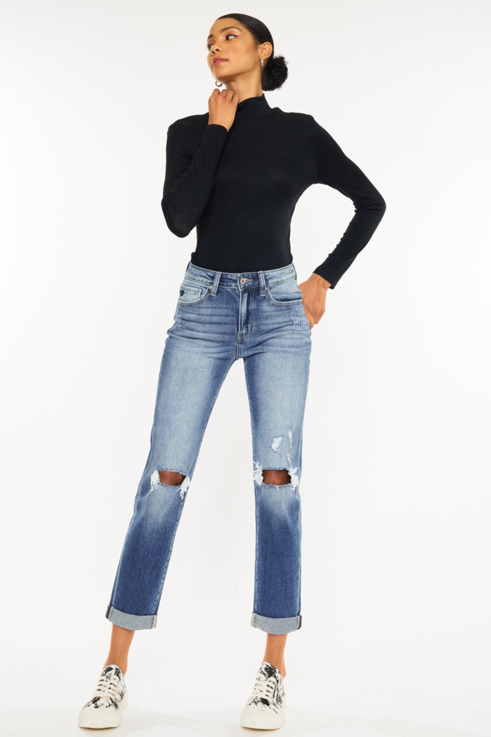 Kancan High Waist Distressed Hem Detail Cropped Straight Jeans - The Boutie Shop