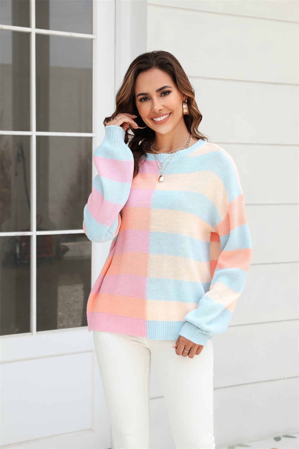 Angel Wings Round Neck Long Sleeve Color Block Dropped Shoulder Pullover Sweater - The Boutie Shop