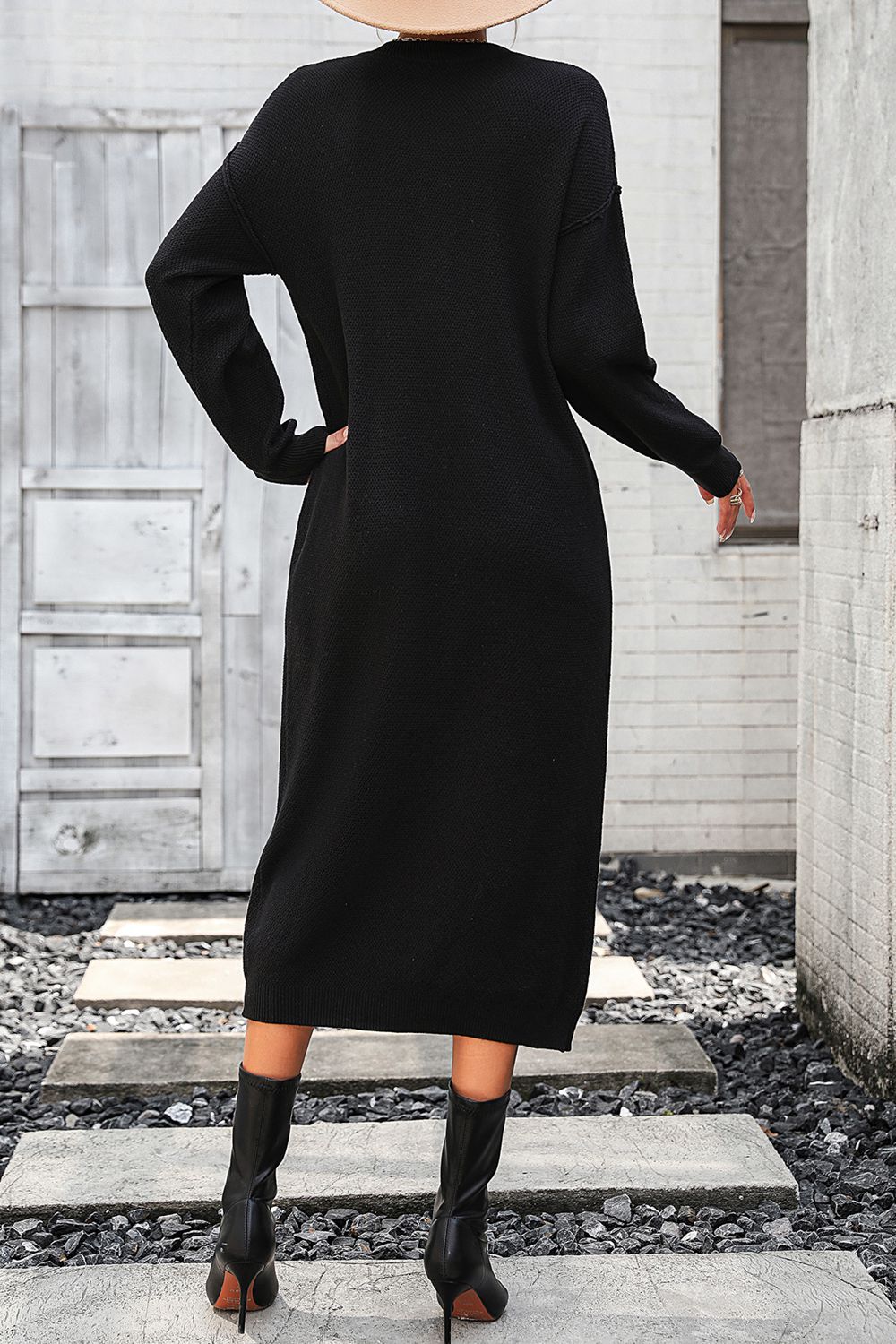 Decorative Button Notched Dropped Shoulder Sweater Dress - The Boutie Shop