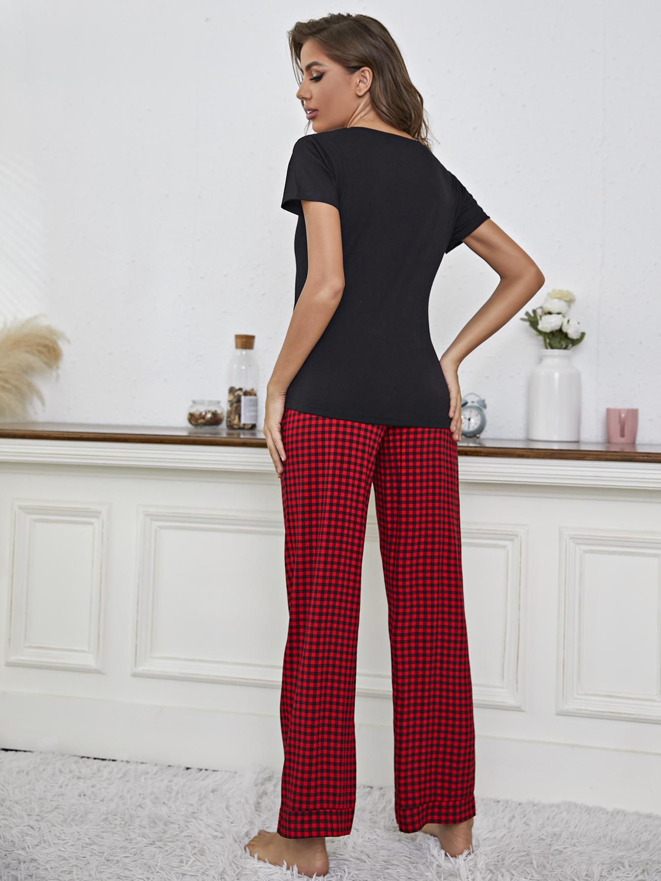 V-Neck Top and Gingham Pants Lounge Set - The Boutie Shop