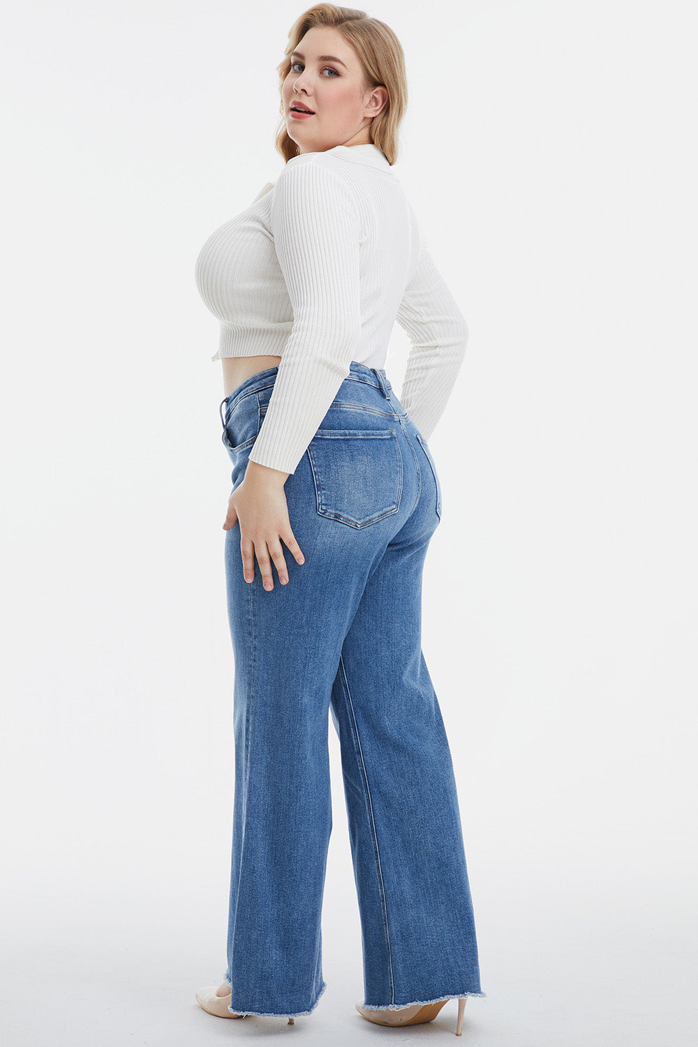 BAYEAS Full Size High Waist Button-Fly Raw Hem Wide Leg Jeans - The Boutie Shop