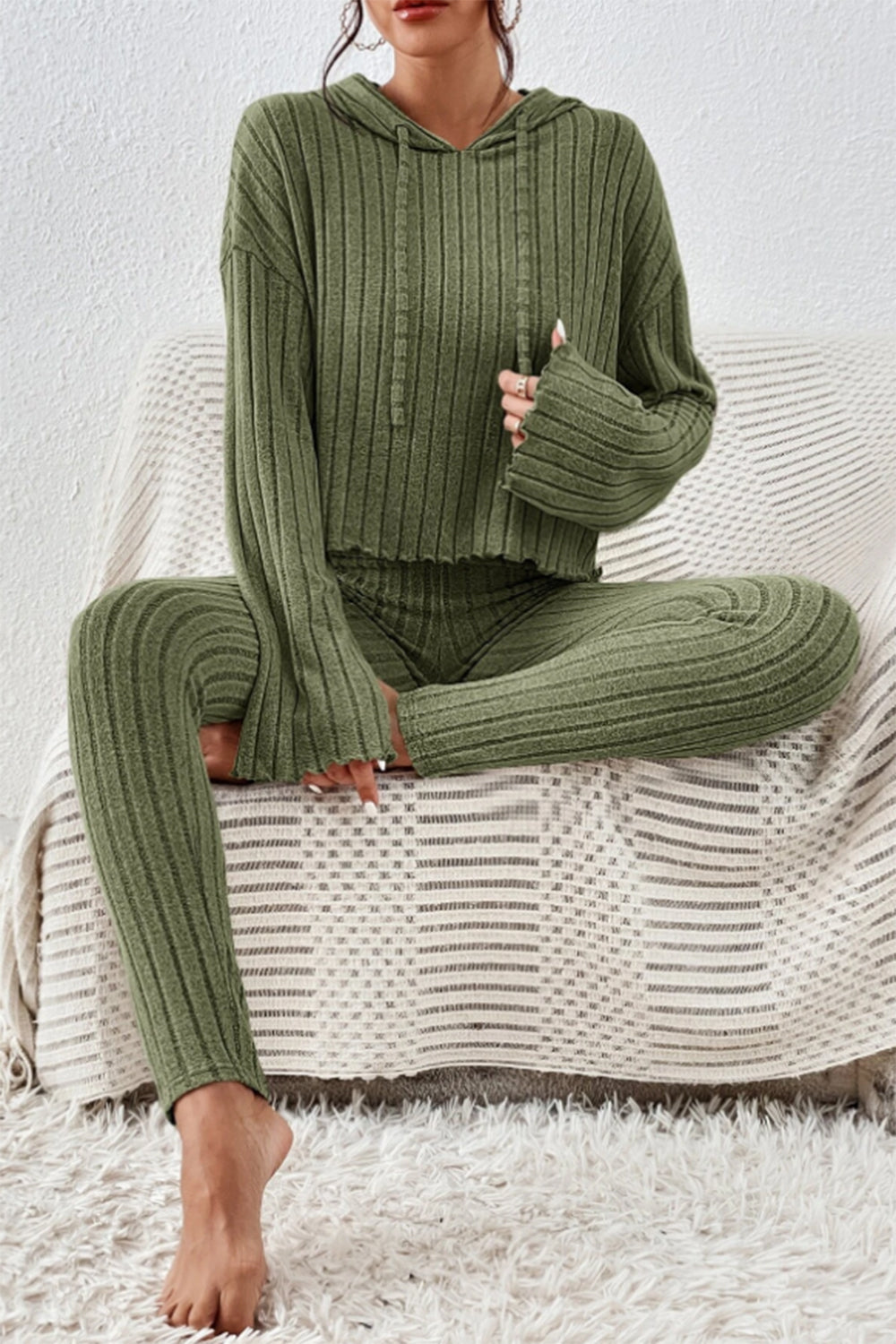 Lettuce Hem Dropped Shoulder Hooded Top and Pants Set - The Boutie Shop