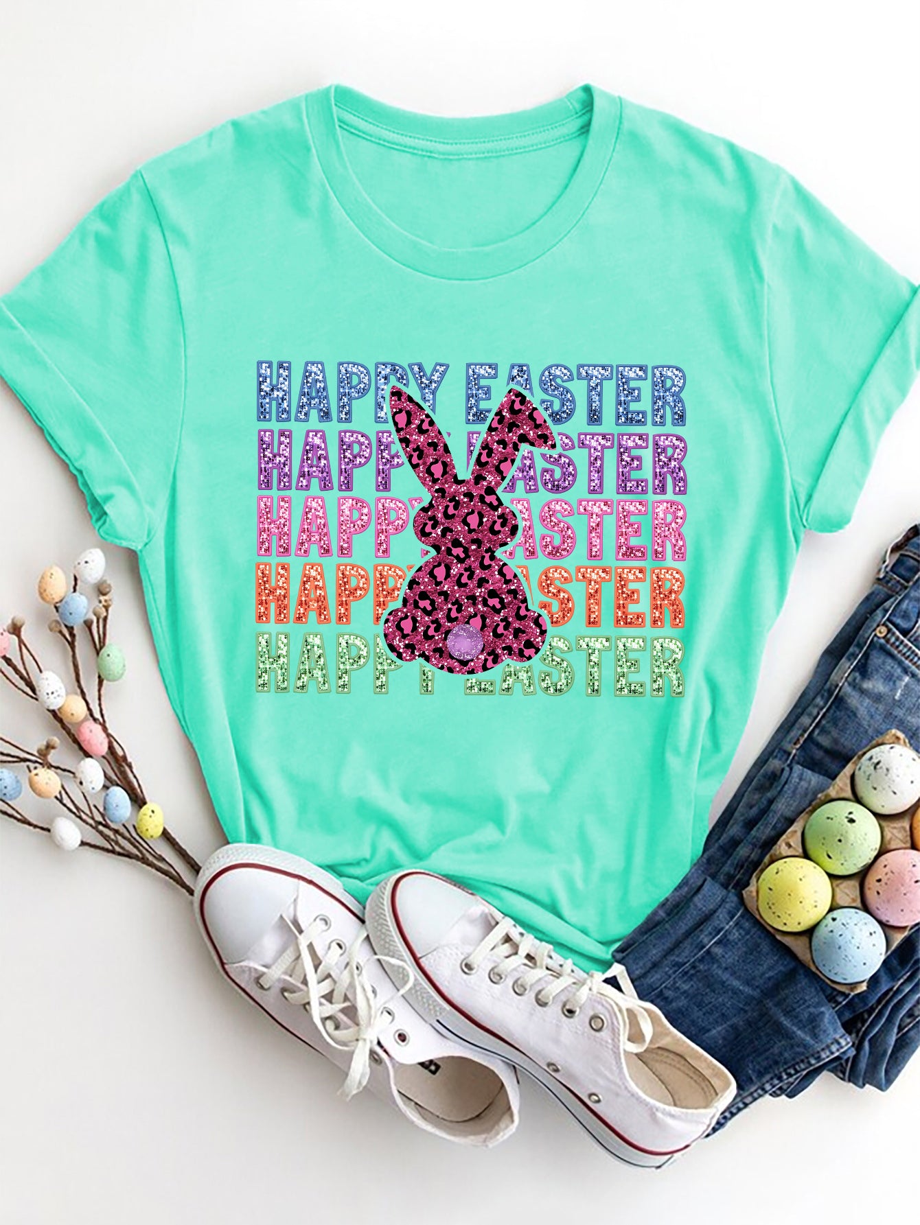 HAPPY EASTER Round Neck Short Sleeve T-Shirt - The Boutie Shop