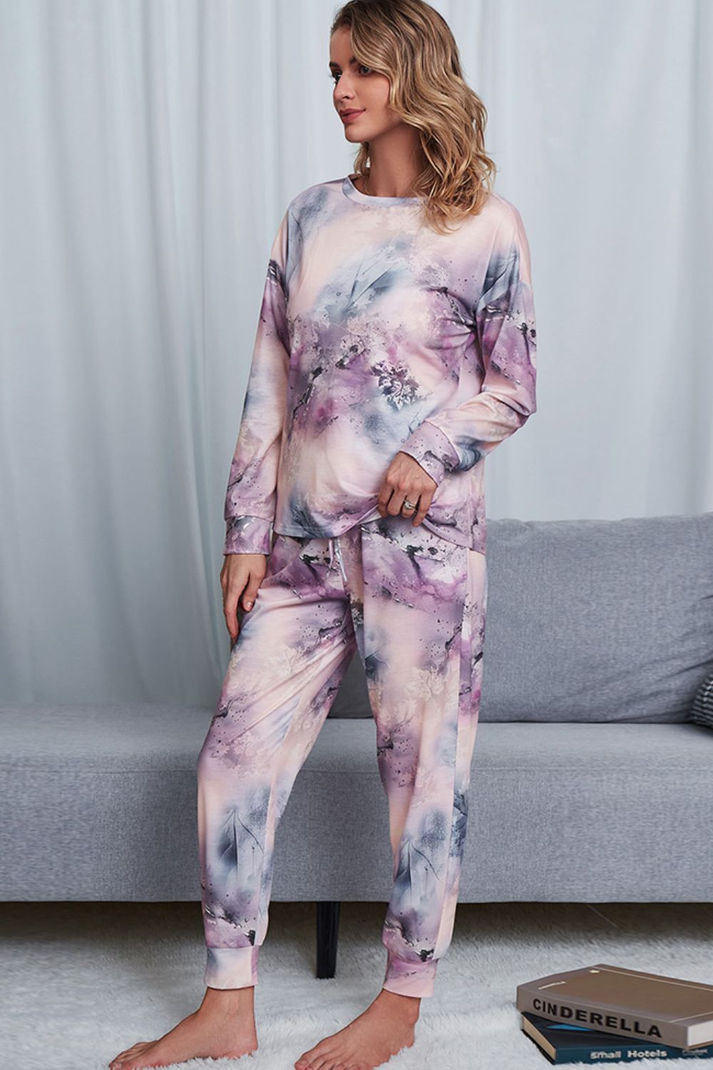 Shiny Tie-Dye Crewneck Top and Drawstring Waist Joggers Lounge Set - The Boutie Shop