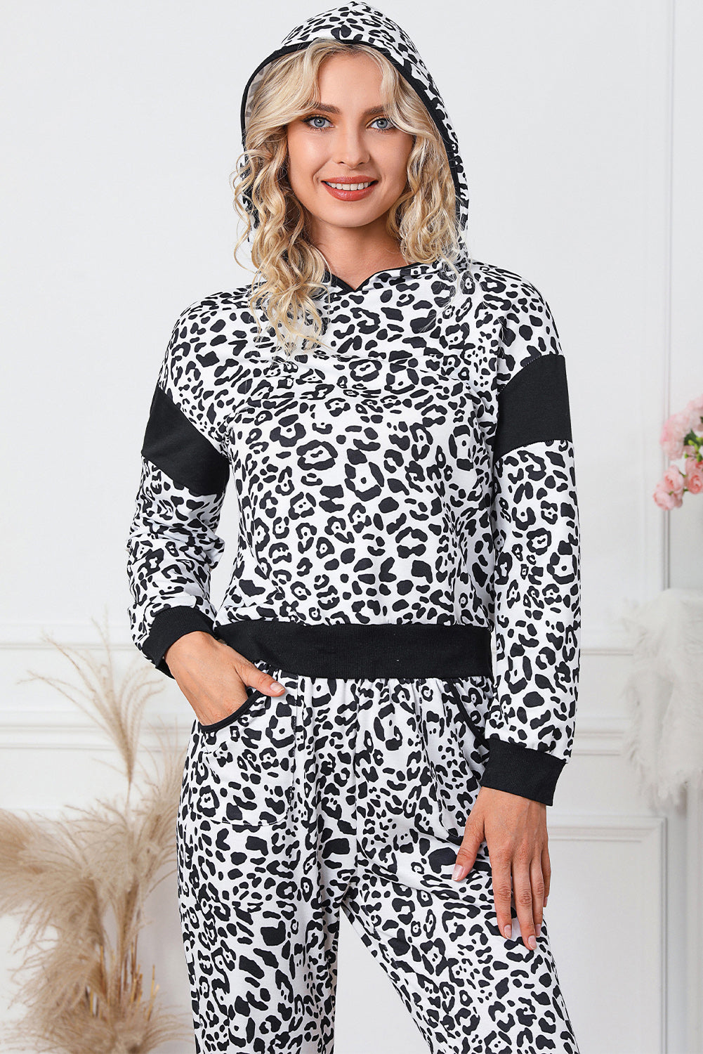 Leopard Contrast Hoodie and Pants Set - The Boutie Shop