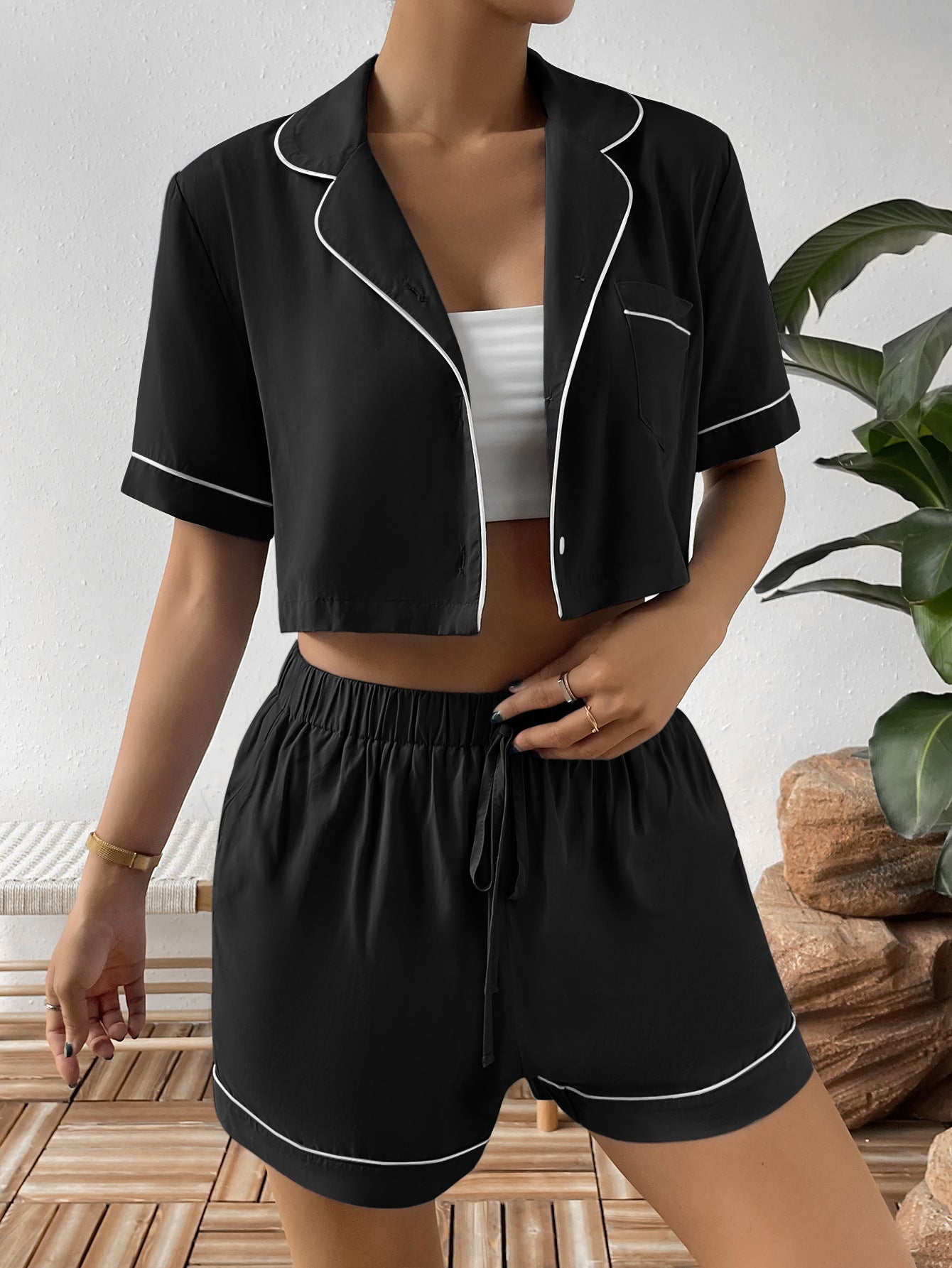 Ivy Lane Contrast Lapel Collar Cropped Shirt and Shorts Lounge Set - The Boutie Shop