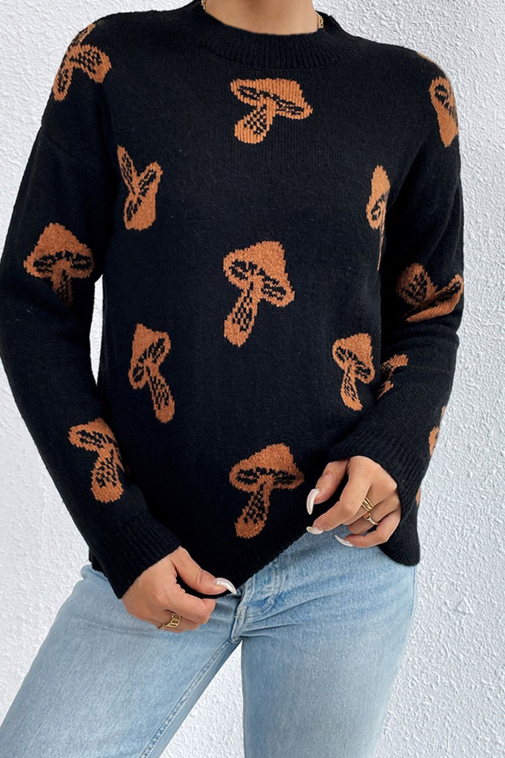 Graphic Mock Neck Dropped Shoulder Sweater - The Boutie Shop