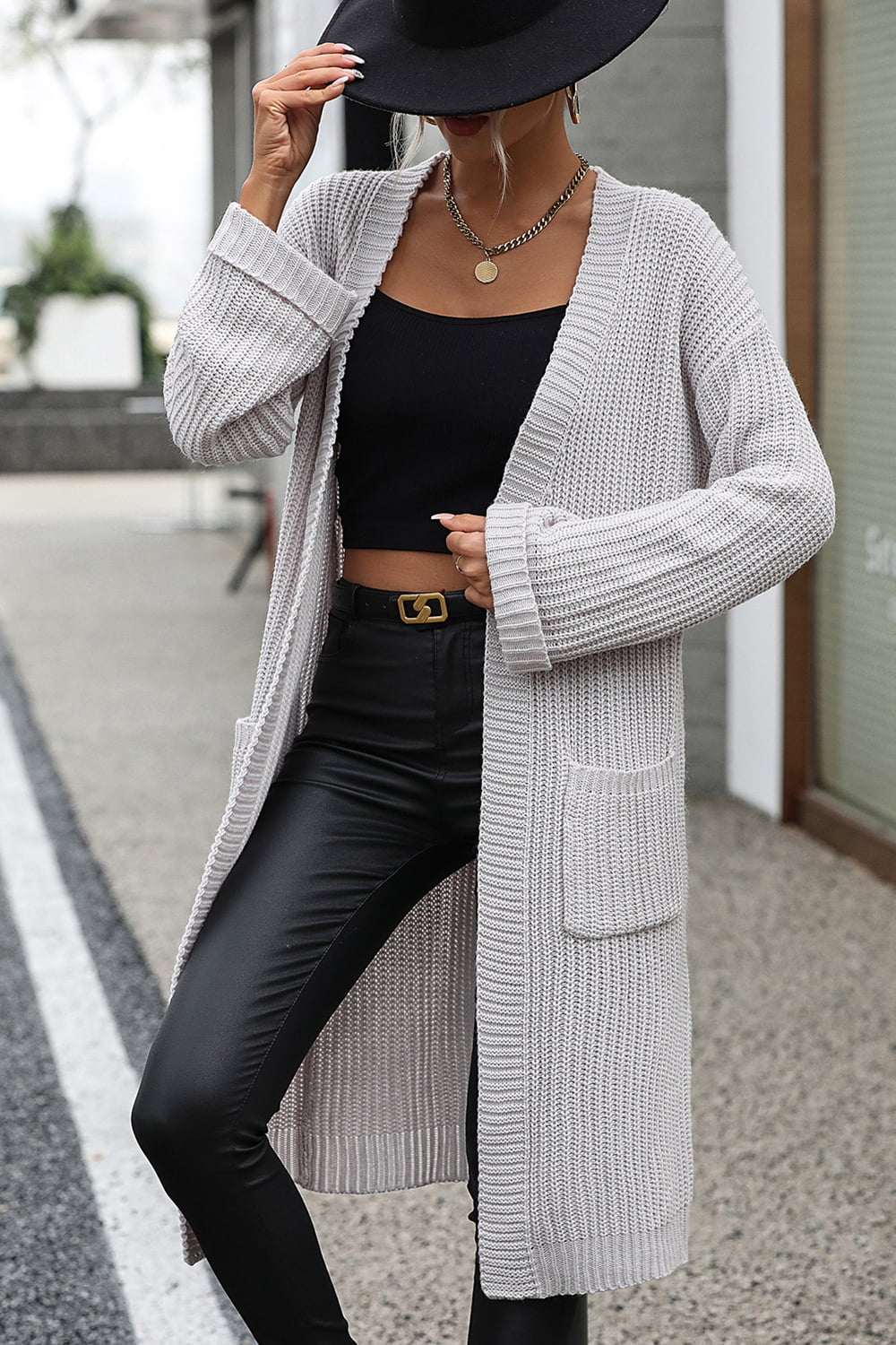 Dropped Shoulder Long Sleeve Cardigan with Pocket - The Boutie Shop