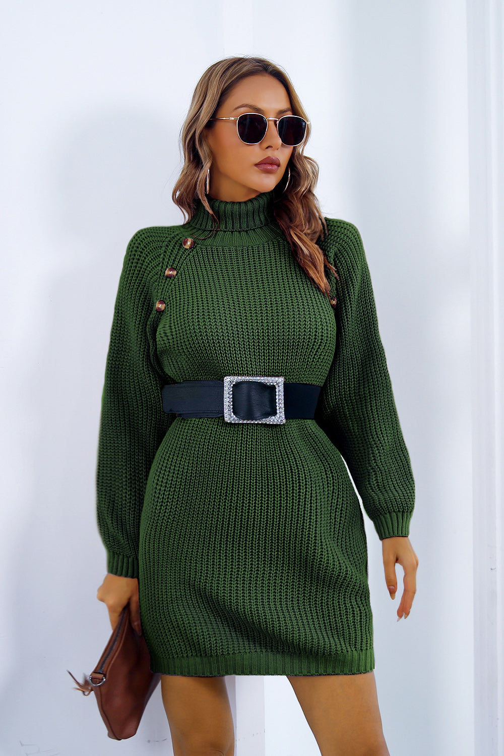 Buttoned Turtleneck Long Sleeve Sweater Dress - The Boutie Shop