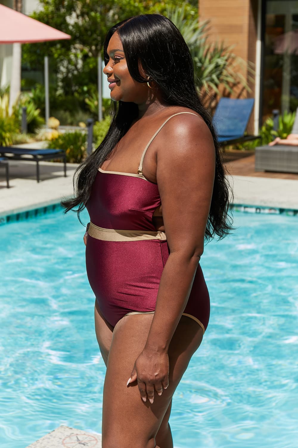 Marina West Swim Wave Break Contrast Trim One-Piece in Wine - The Boutie Shop