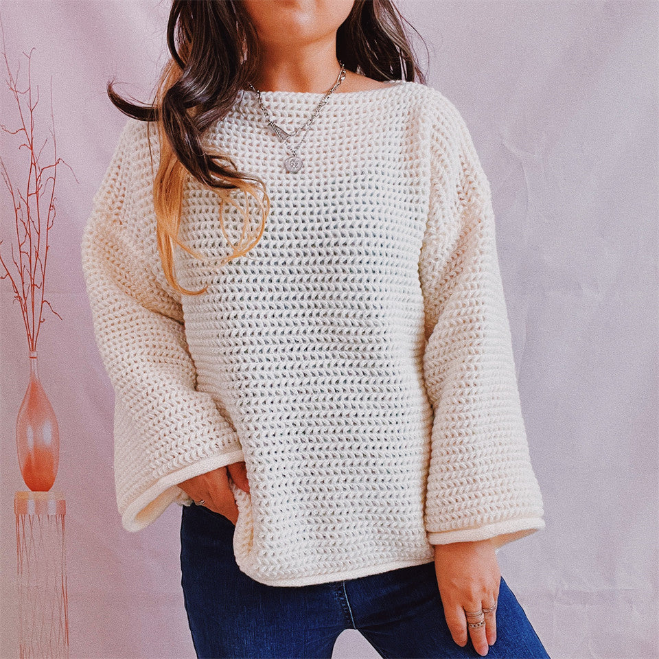 Openwork Boat Neck Long Sleeve Sweater - The Boutie Shop