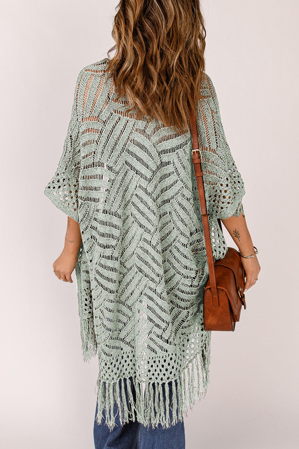 Openwork Open Front Cardigan with Fringes - The Boutie Shop