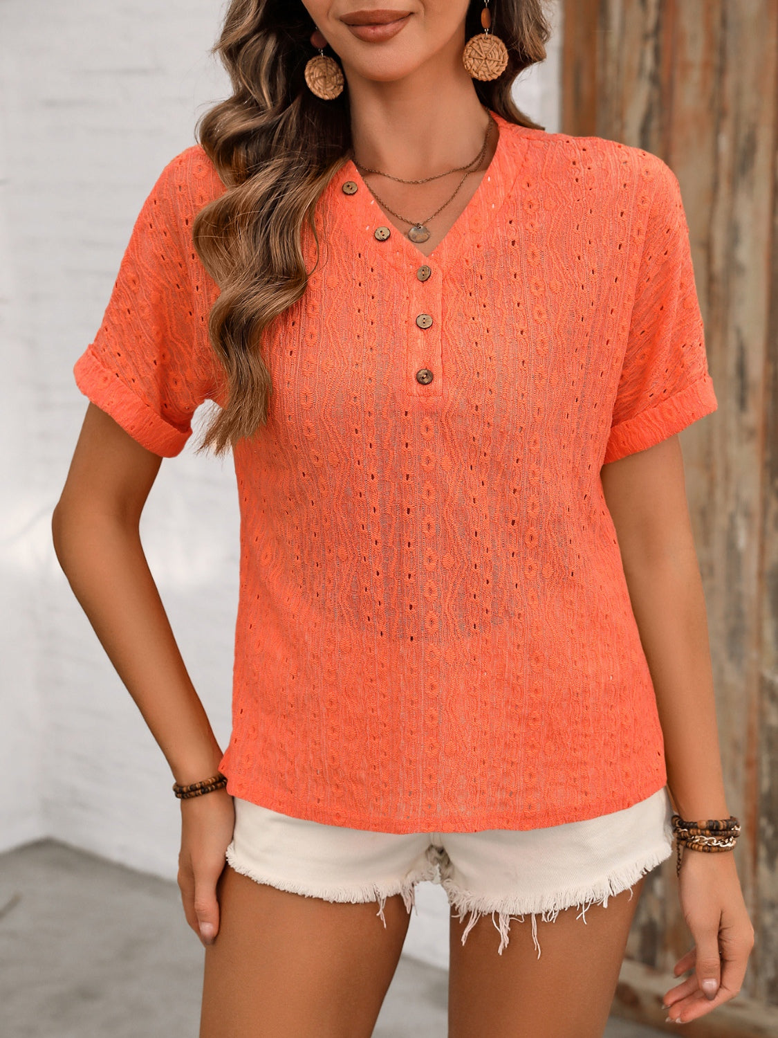 Ivy Lane Eyelet V-Neck Short Sleeve Top - The Boutie Shop