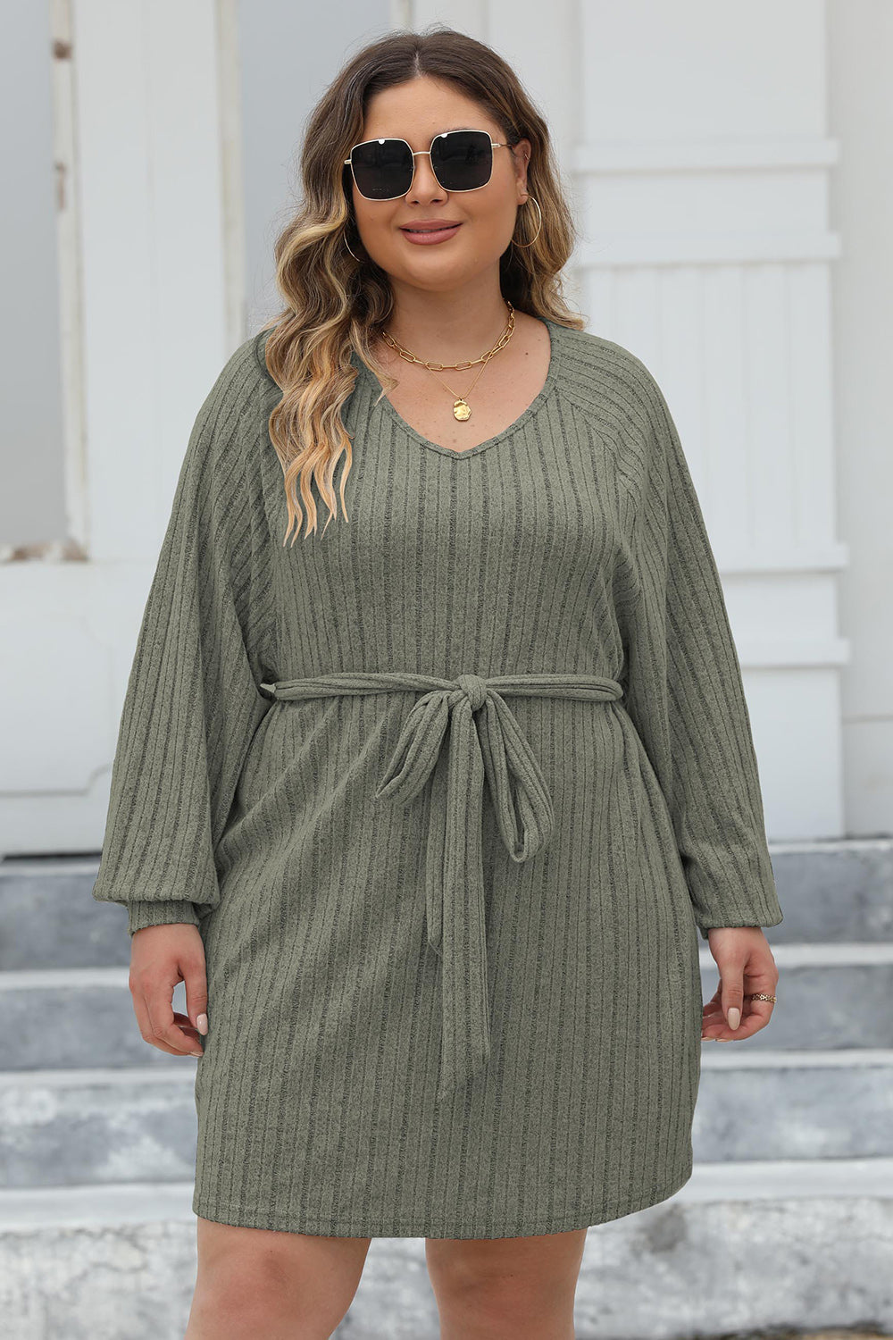 Plus Size Ribbed Tie Front Long Sleeve Sweater Dress - The Boutie Shop