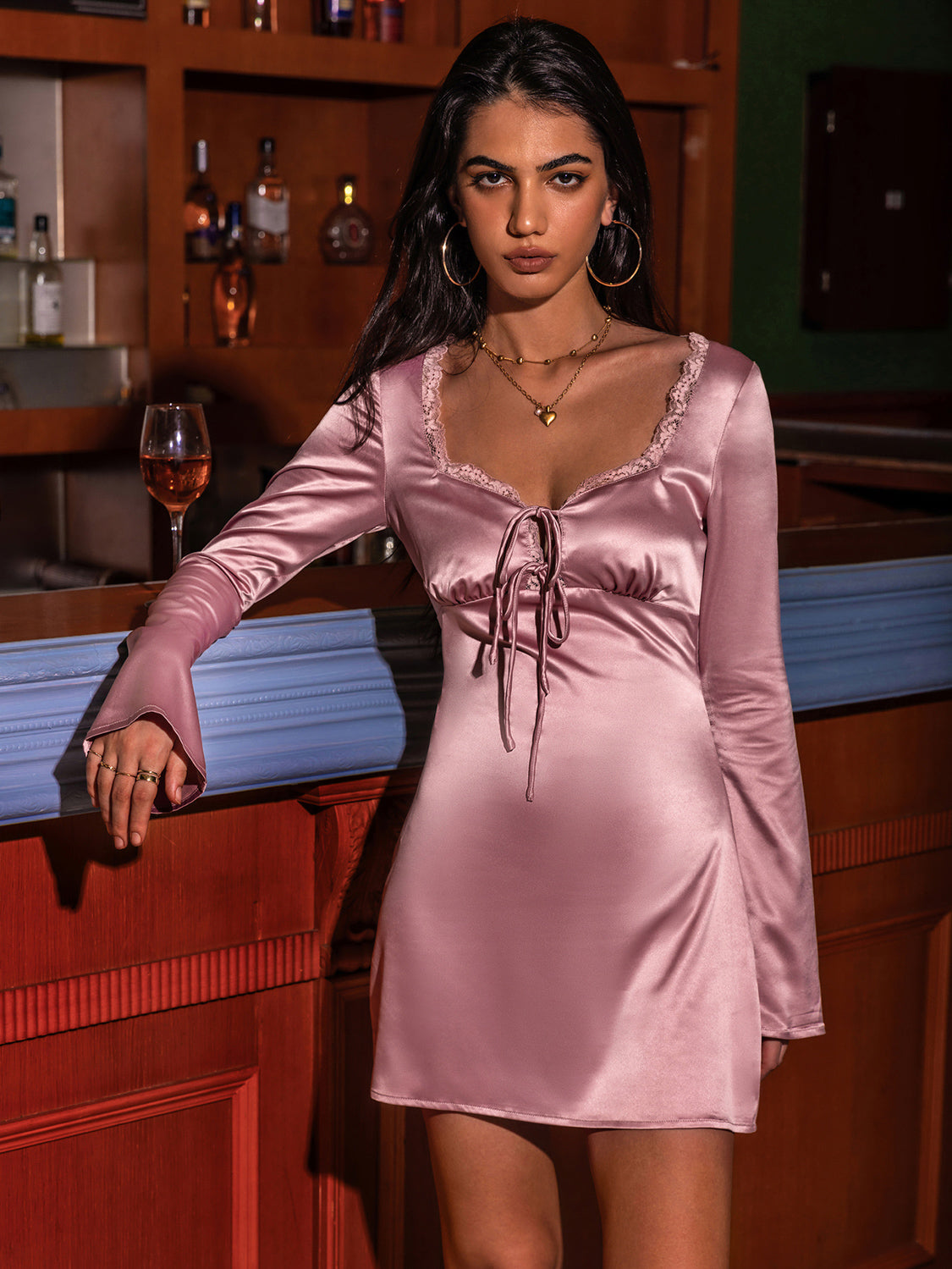 Tied Sweetheart Neck Long Sleeve Night Dress - The Boutie Shop