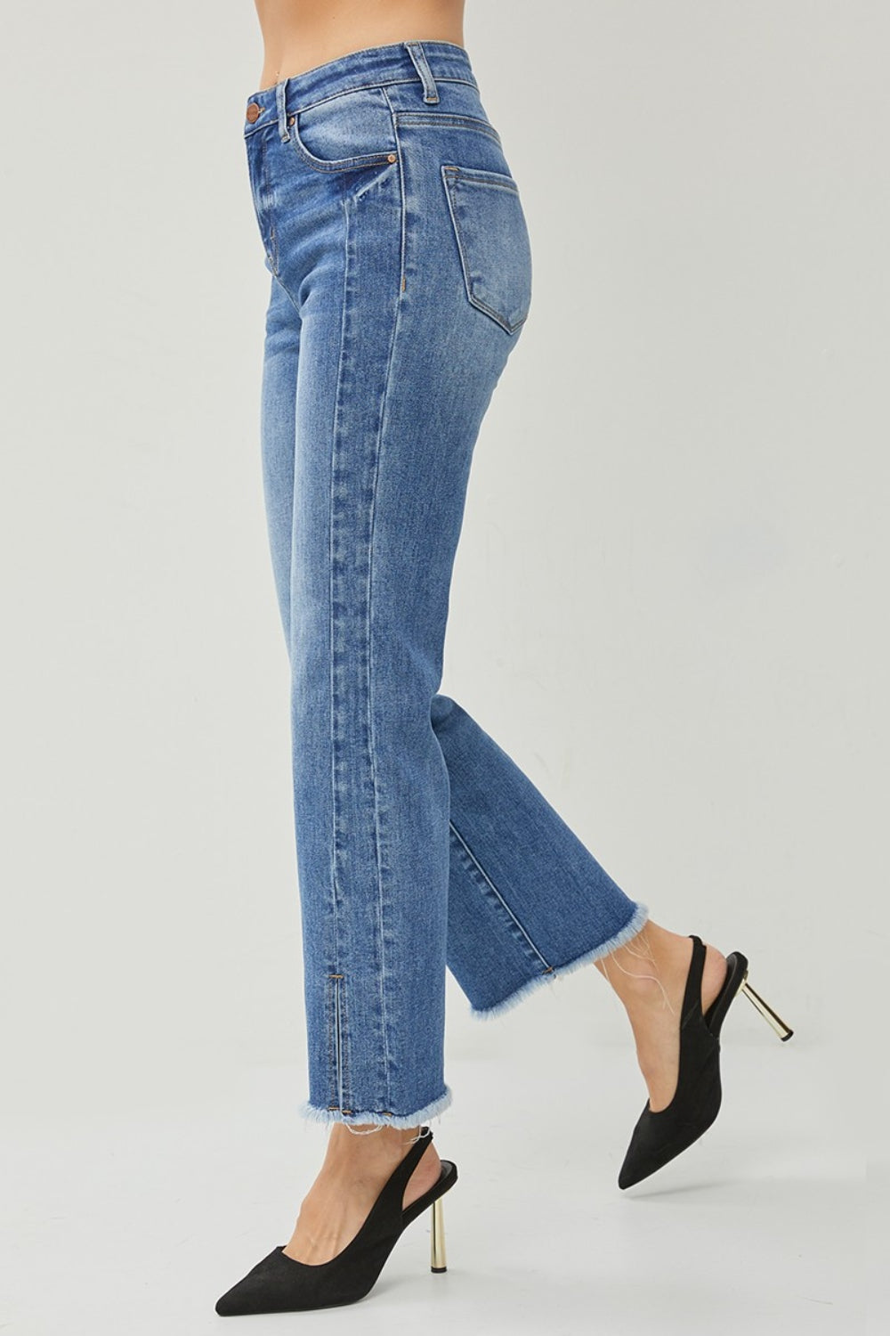 RISEN High Waist Raw Hem Slit Straight Jeans - The Boutie Shop