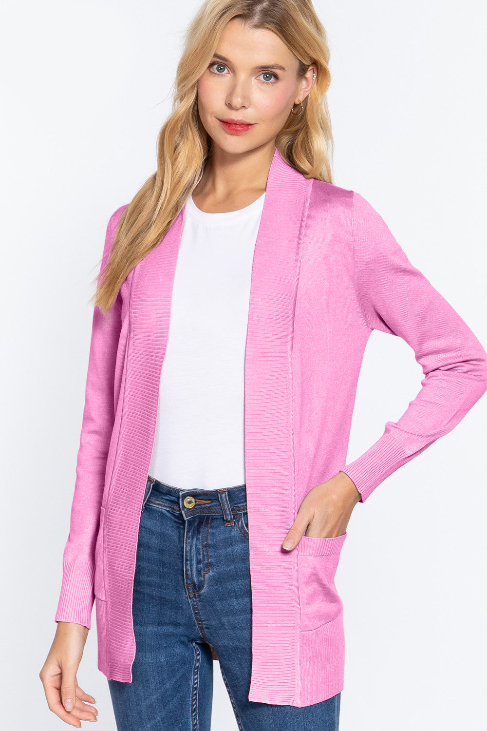 ACTIVE BASIC Ribbed Trim Open Front Cardigan - The Boutie Shop