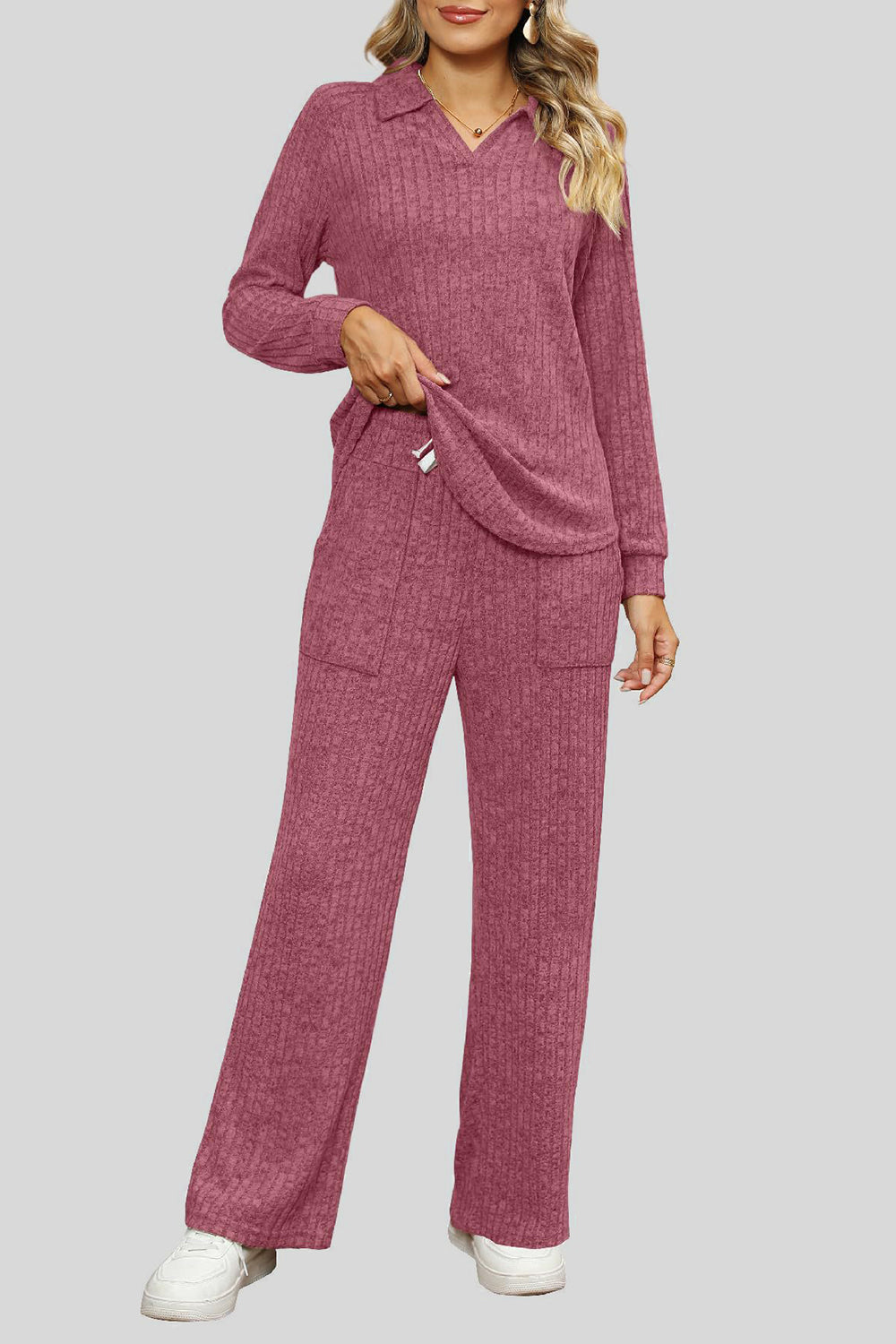 Ribbed Long Sleeve Top and Pocketed Pants Set - The Boutie Shop