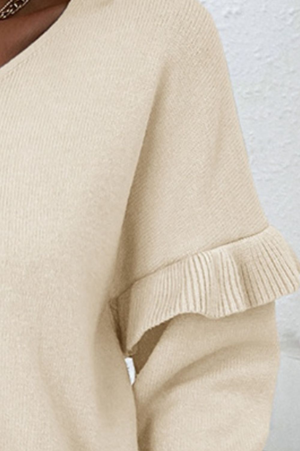 V-Neck Ruffle Trim Long Sleeve Sweater - The Boutie Shop