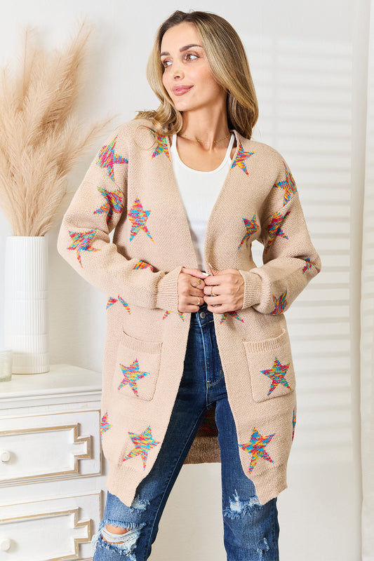 Angel Wings Star Pattern Open Front Longline Cardigan - The Boutie Shop