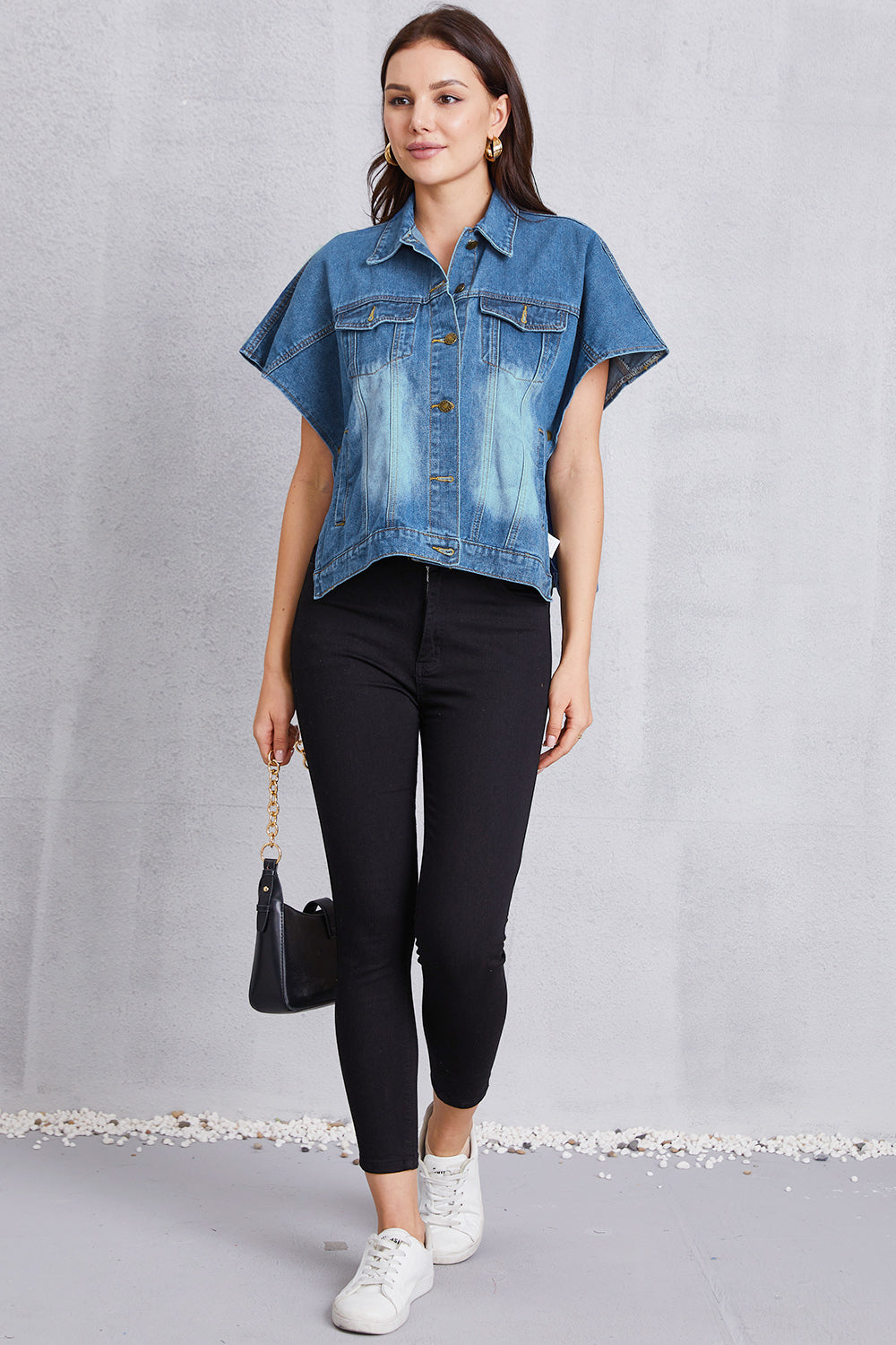 Pocketed Button Up Short Sleeve Denim Top - The Boutie Shop