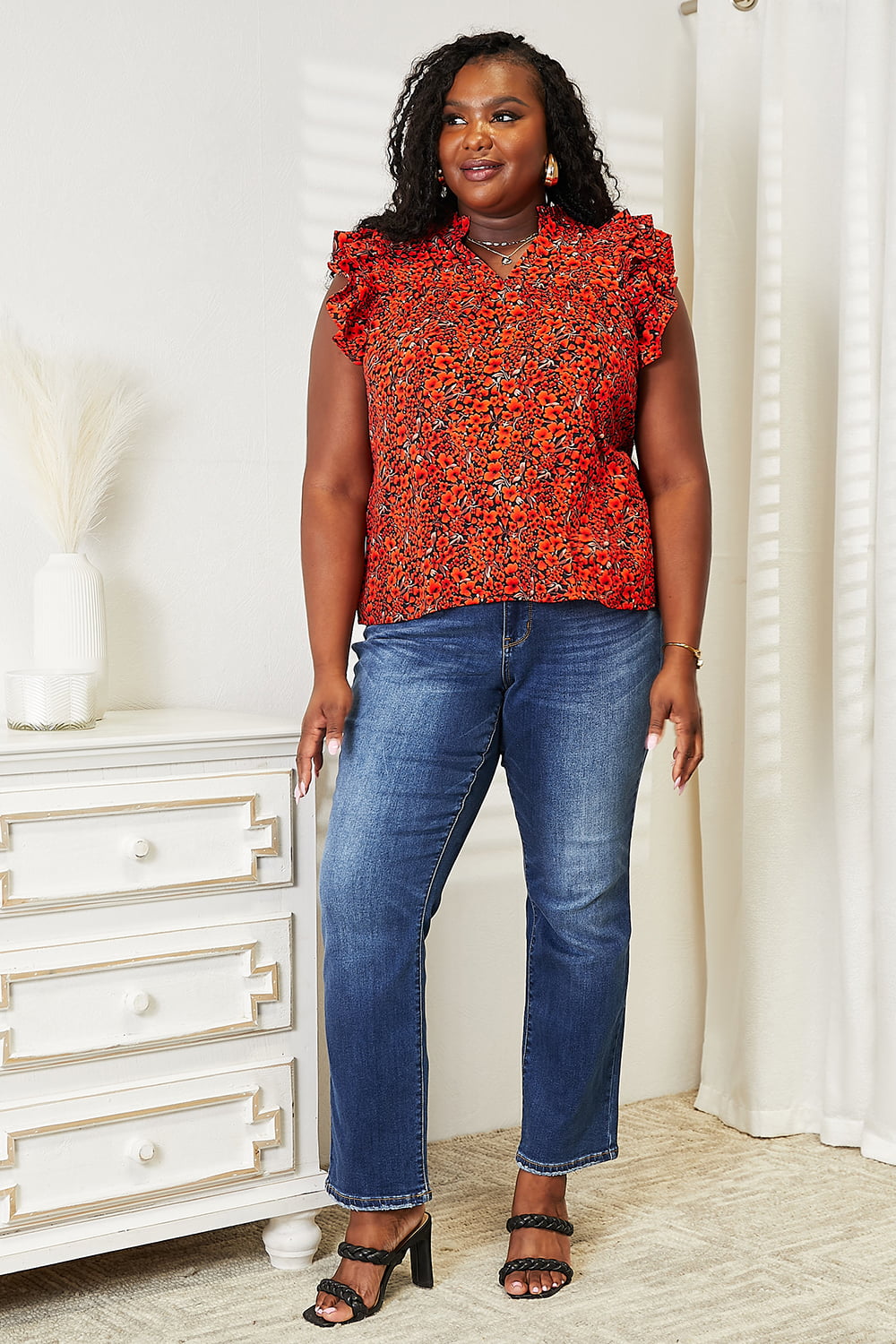 Double Take Floral Flutter Sleeve Notched Neck Blouse - The Boutie Shop