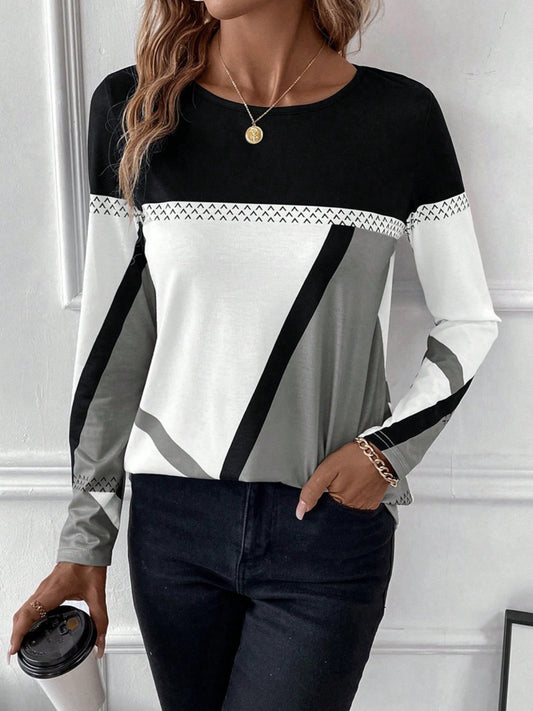 Contrast Round Neck Long Sleeve T-Shirt - The Boutie Shop