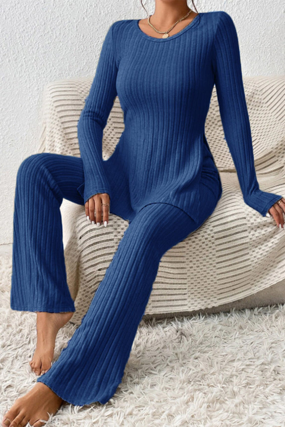 Ribbed Long Sleeve Slit Top and Bootcut Pants Set - The Boutie Shop