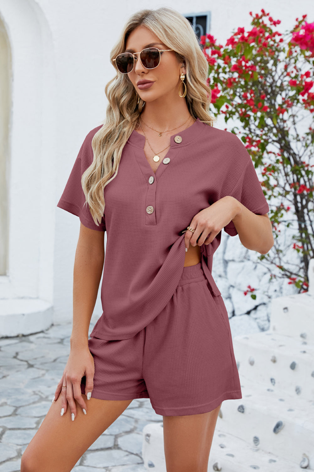 Notched Button Detail Dropped Shoulder Top and Shorts Set - The Boutie Shop