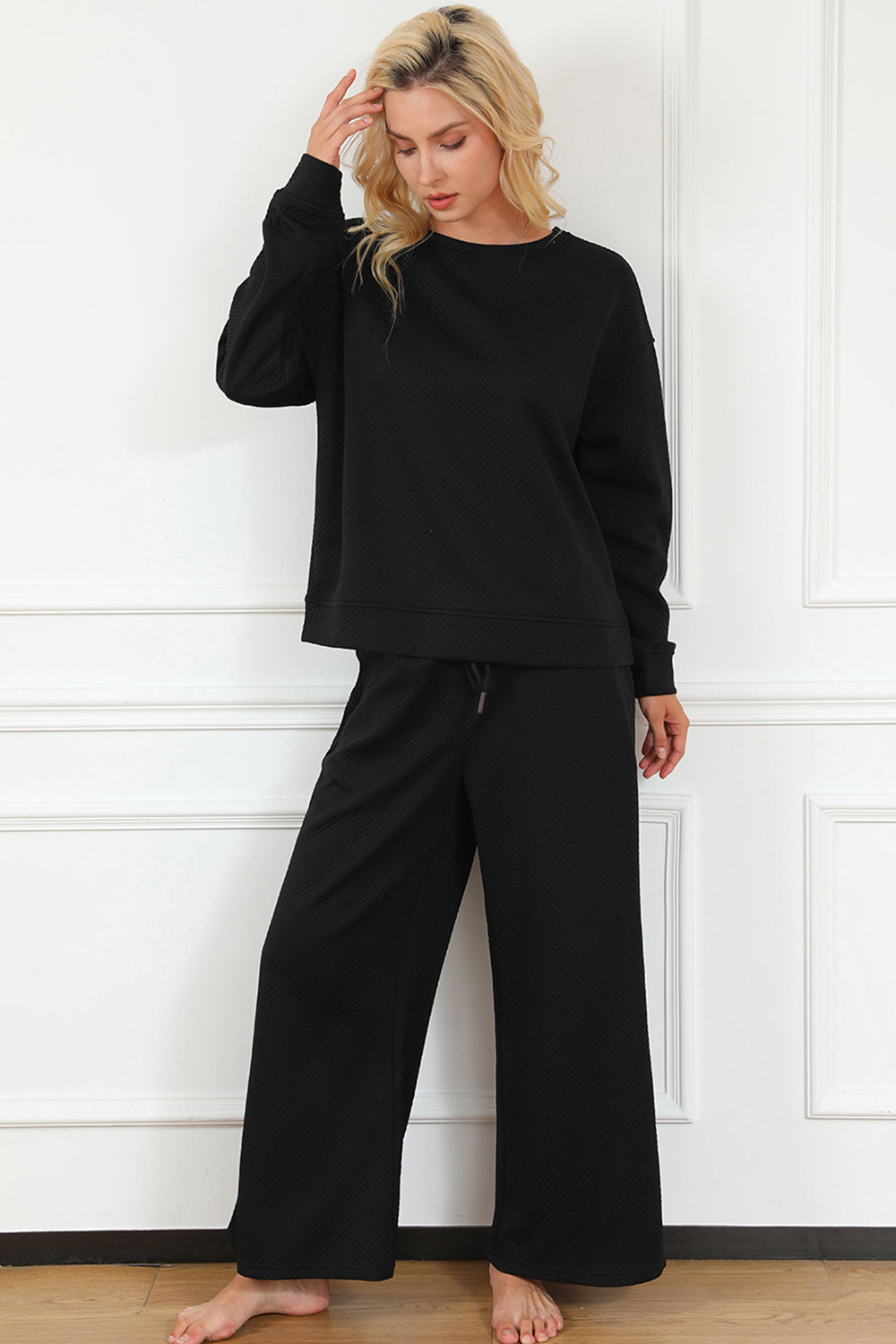 Double Take Full Size Textured Long Sleeve Top and Drawstring Pants Set - The Boutie Shop