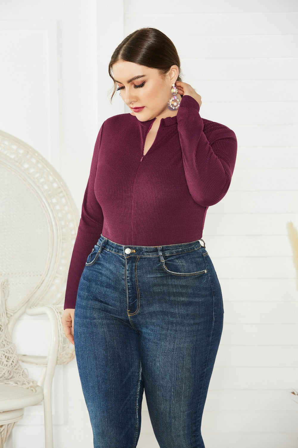 Plus Size Zip Up Long Sleeve Bodysuit - The Boutie Shop