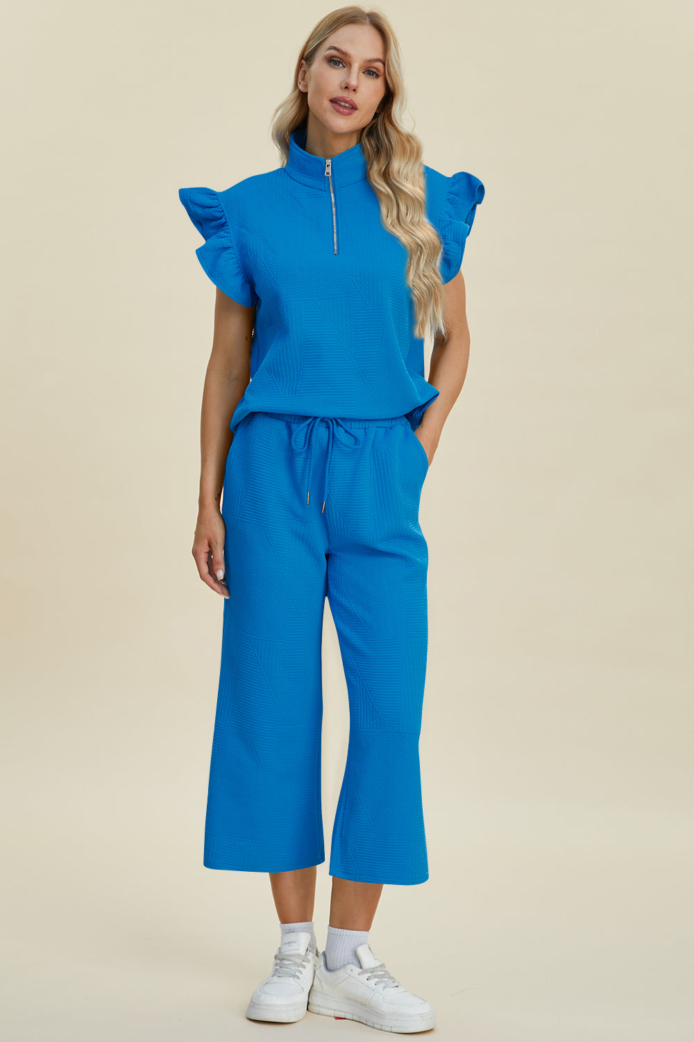 Double Take Full Size Texture Ruffle Short Sleeve Top and Wide Leg Pants Set - The Boutie Shop