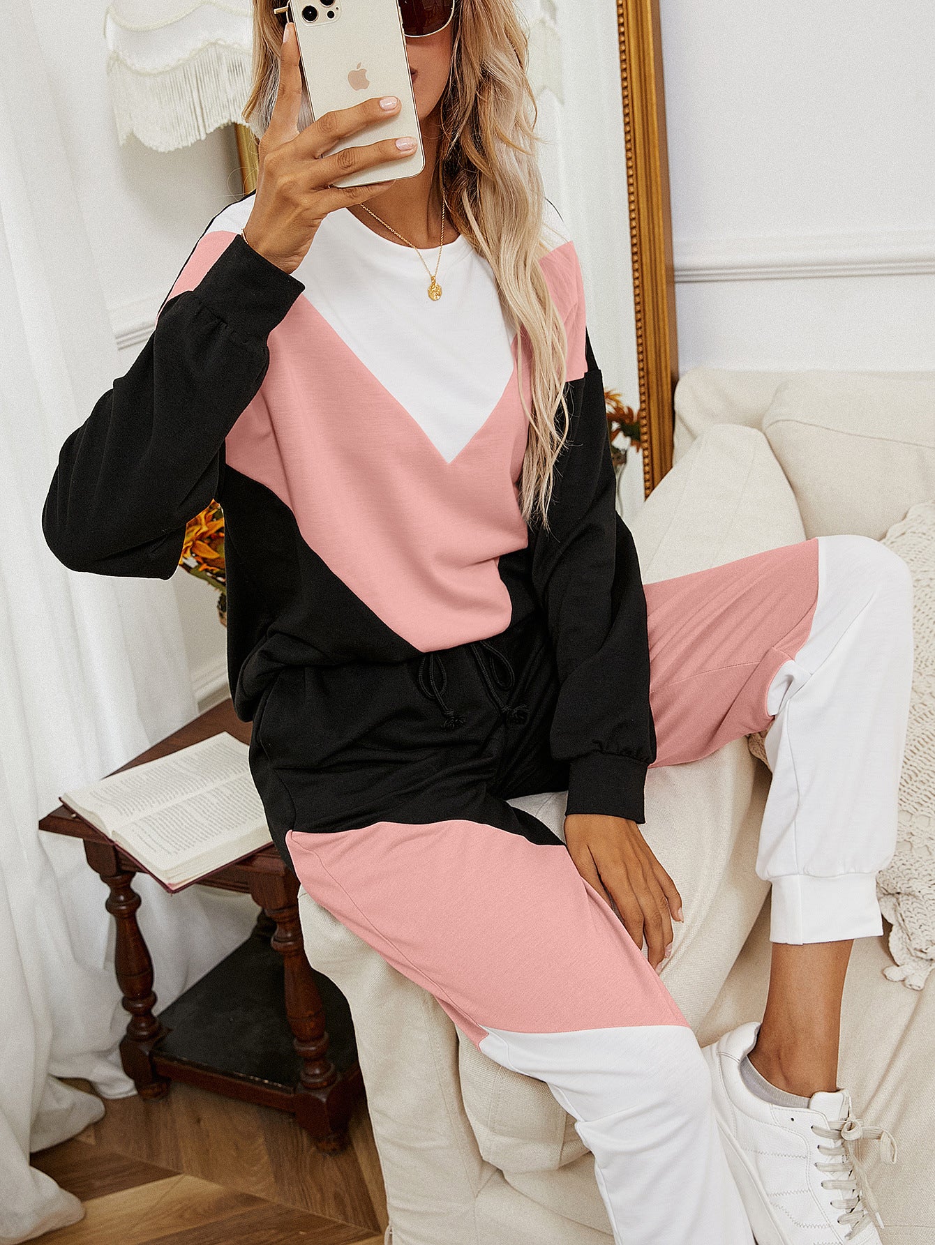 Ivy Lane Chevron Color Block Sweatshirt and Joggers Set - The Boutie Shop