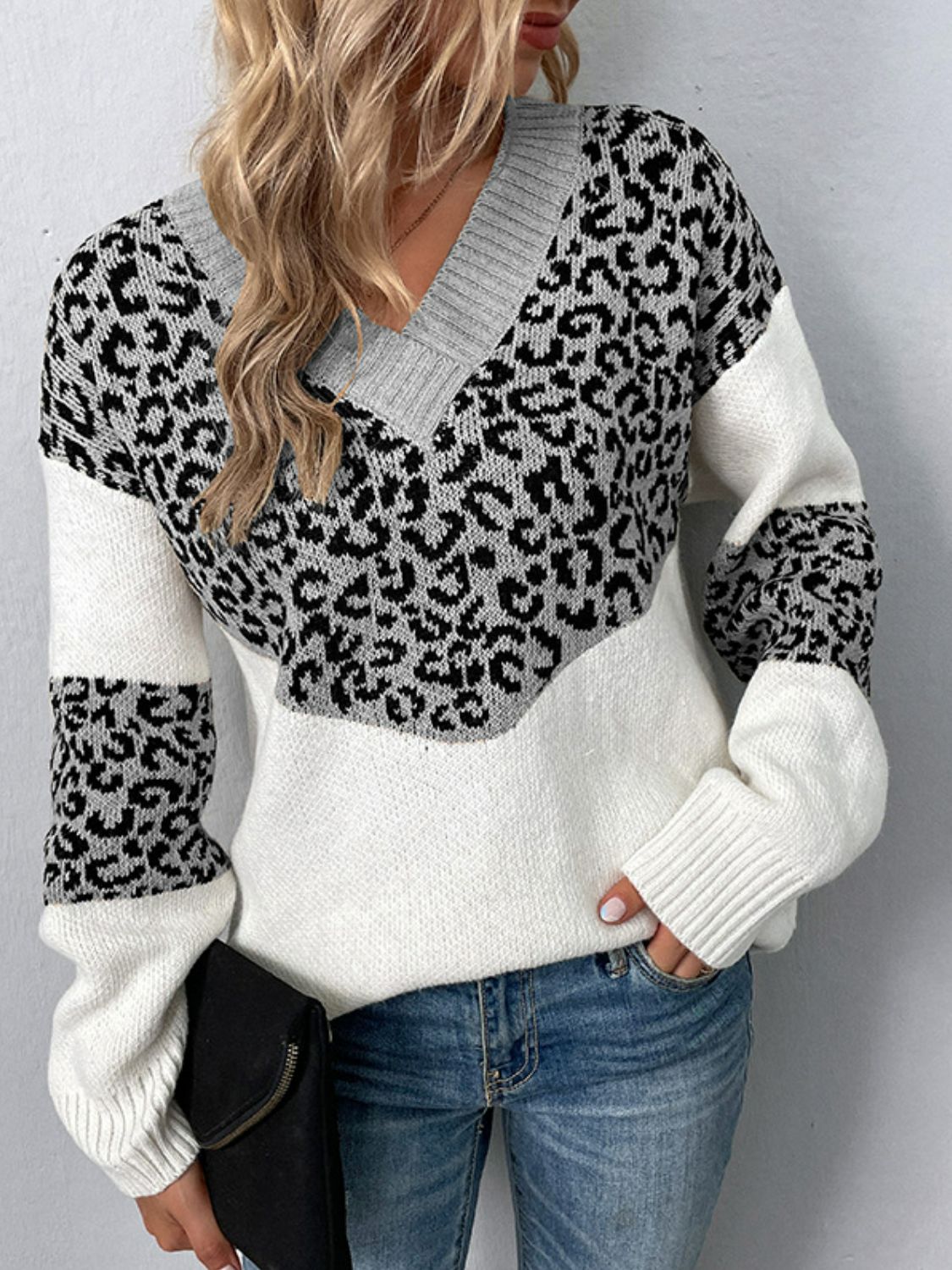 Leopard V-Neck Dropped Shoulder Sweater - The Boutie Shop