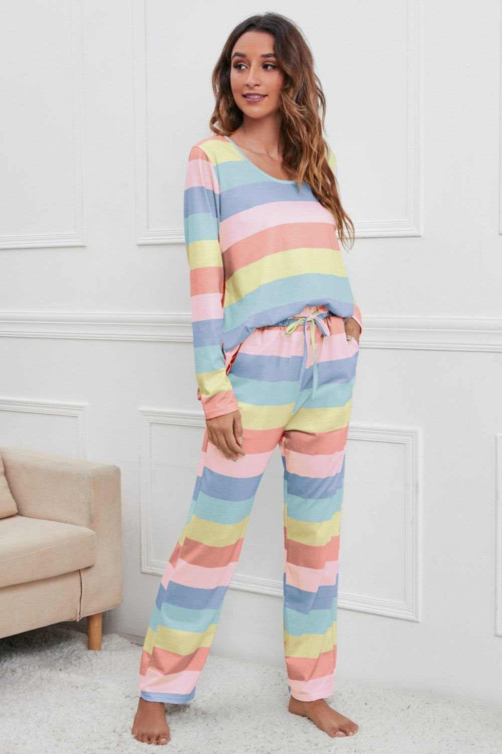 Striped Round Neck Long Sleeve Top and Drawstring Pants Lounge Set - The Boutie Shop