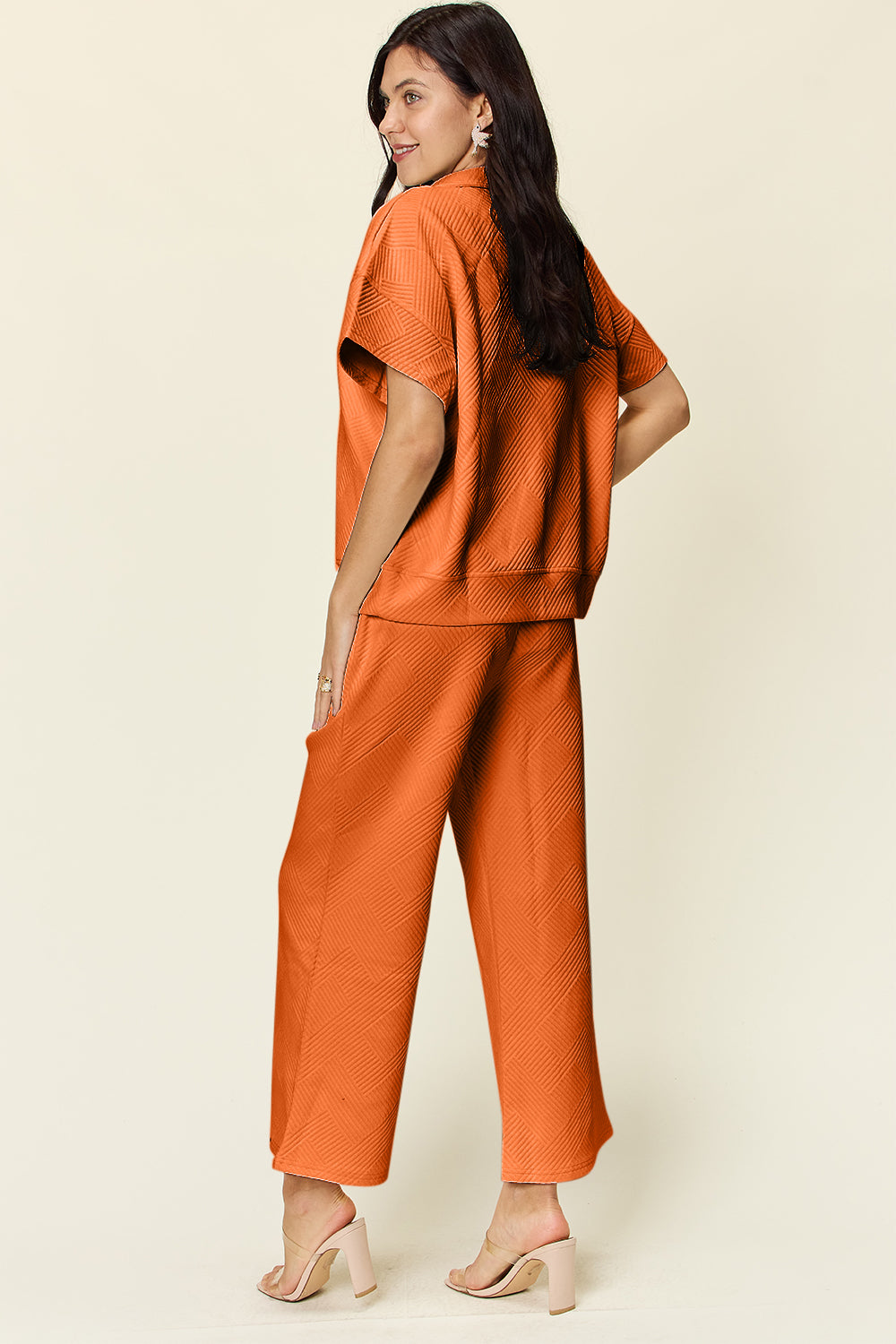 Double Take Full Size Texture Half Zip Short Sleeve Top and Pants Set - The Boutie Shop