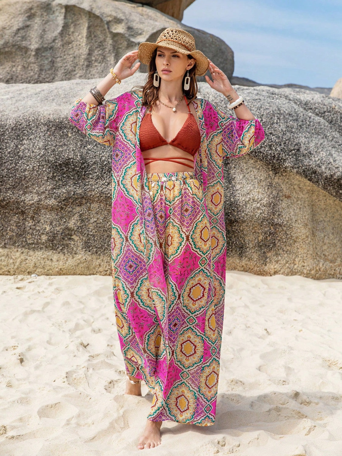 Printed Open Front Cardigan and Pants Set - The Boutie Shop