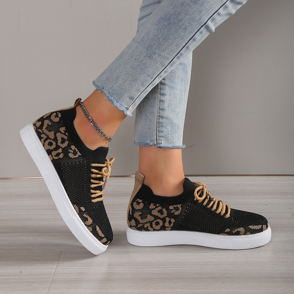 Lace-Up Leopard Flat Sneakers - The Boutie Shop