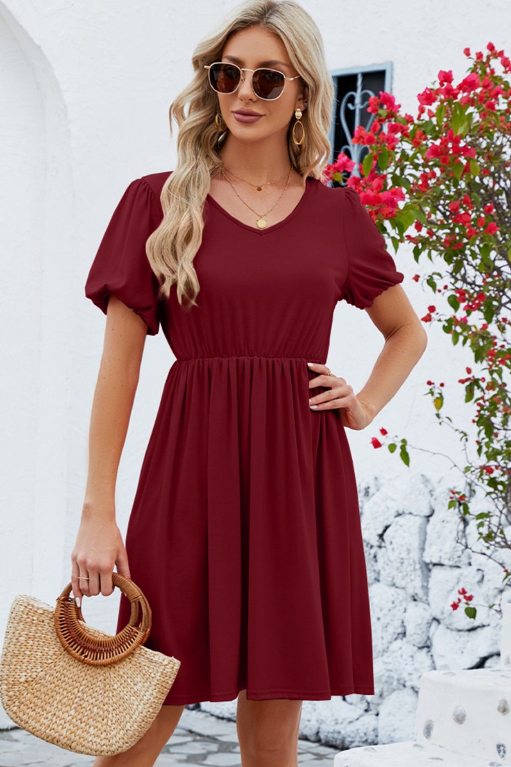 V-Neck Balloon Short Sleeve Dress - The Boutie Shop