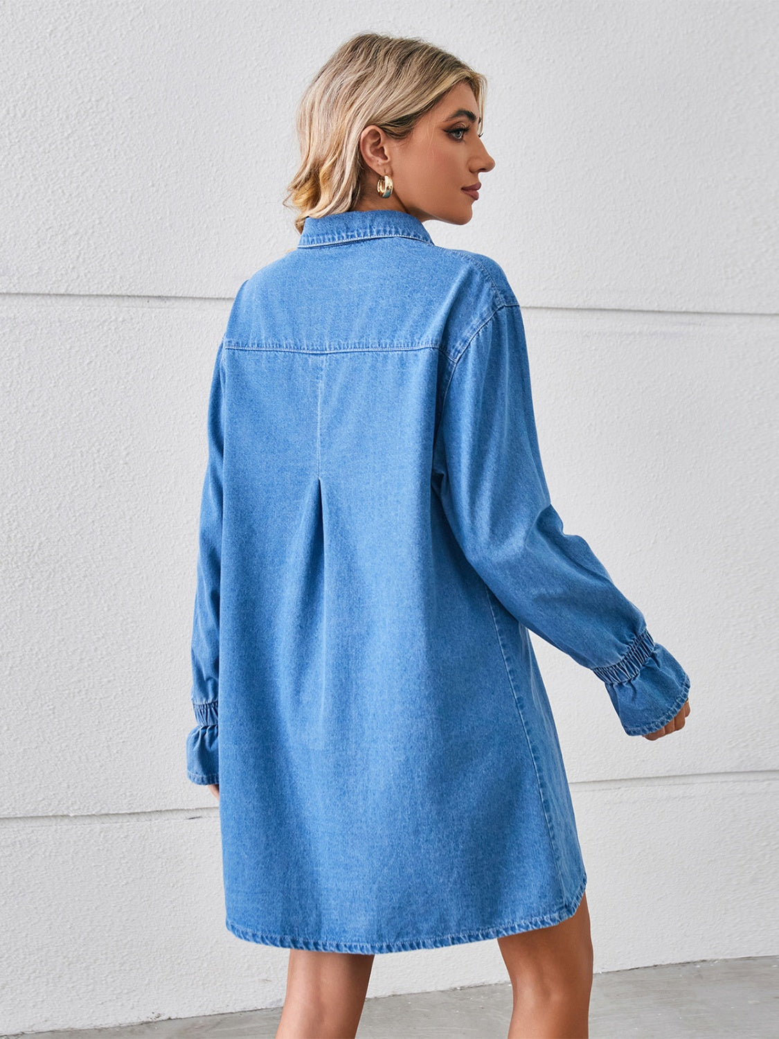 Pocketed Dropped Shoulder Mini Denim Dress - The Boutie Shop