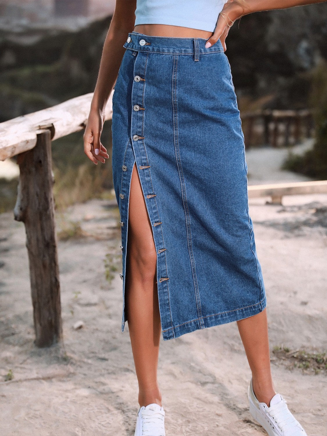 Button Down Denim Skirt - The Boutie Shop