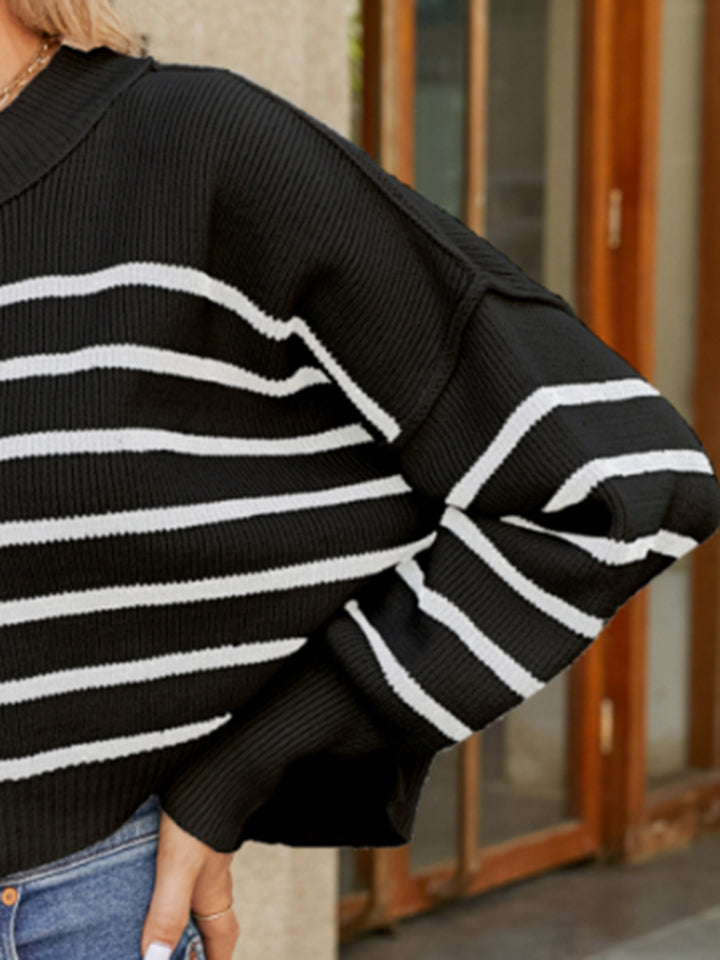 Round Neck Striped Lantern Sleeve Sweater - The Boutie Shop