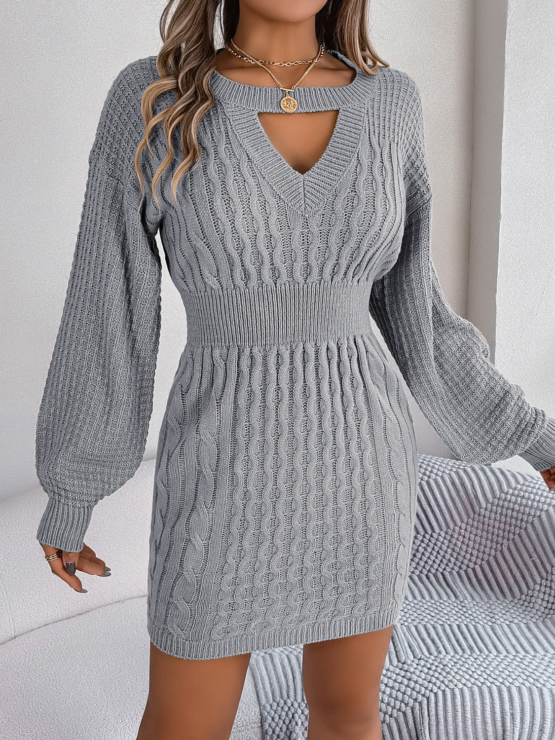 Cable-Knit Cutout Round Neck Slit Sweater Dress - The Boutie Shop