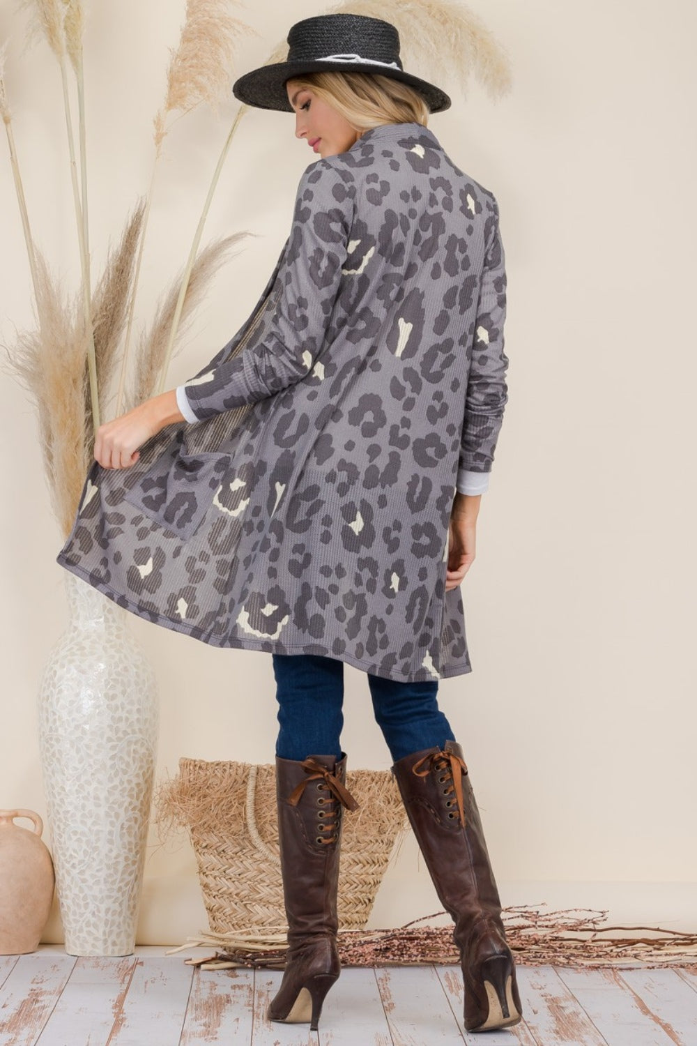 Celeste Full Size Leopard Open Front Contrast Cardigan - The Boutie Shop