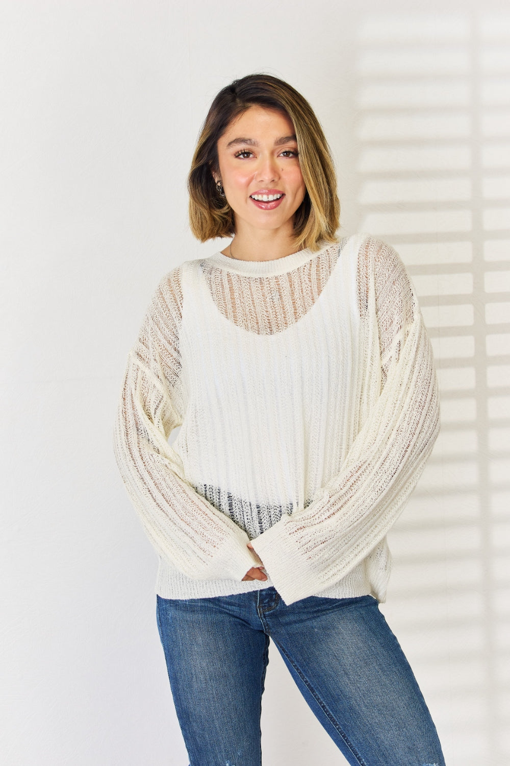 HYFVE Openwork Ribbed Trim Long Sleeve Knit Top - The Boutie Shop