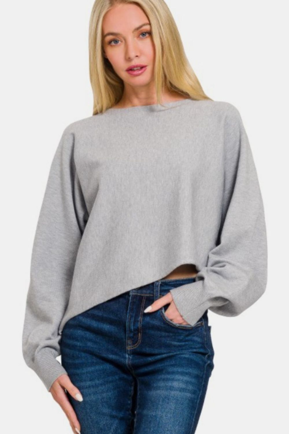 Zenana Asymmetric Hem Long Sleeve Sweater - The Boutie Shop