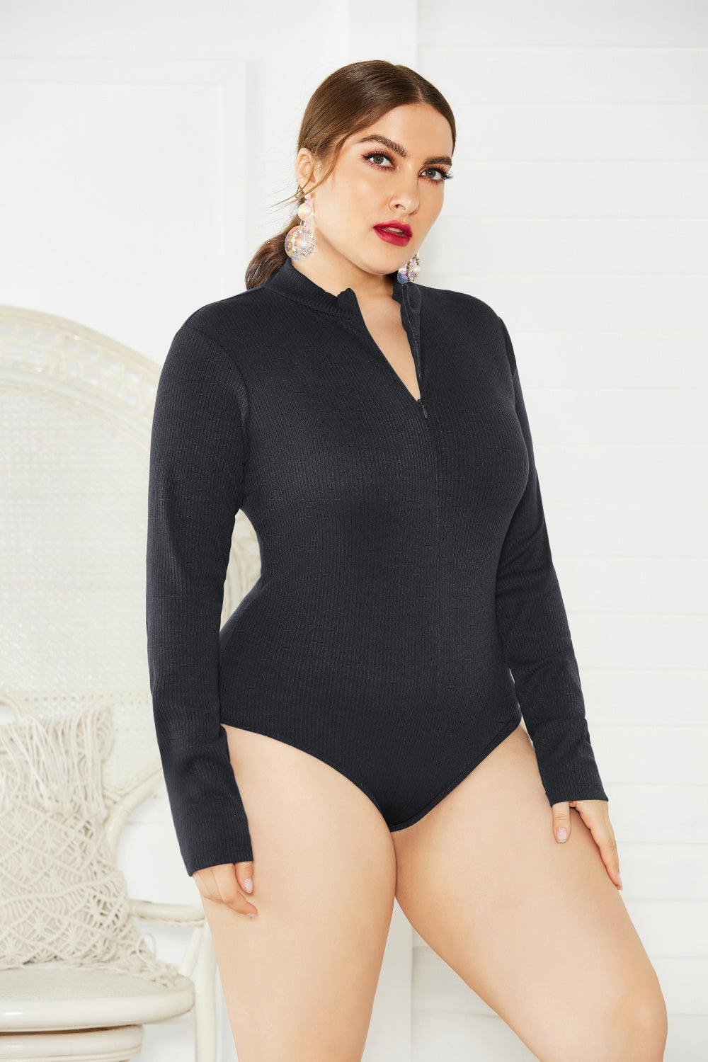 Plus Size Zip Up Long Sleeve Bodysuit - The Boutie Shop