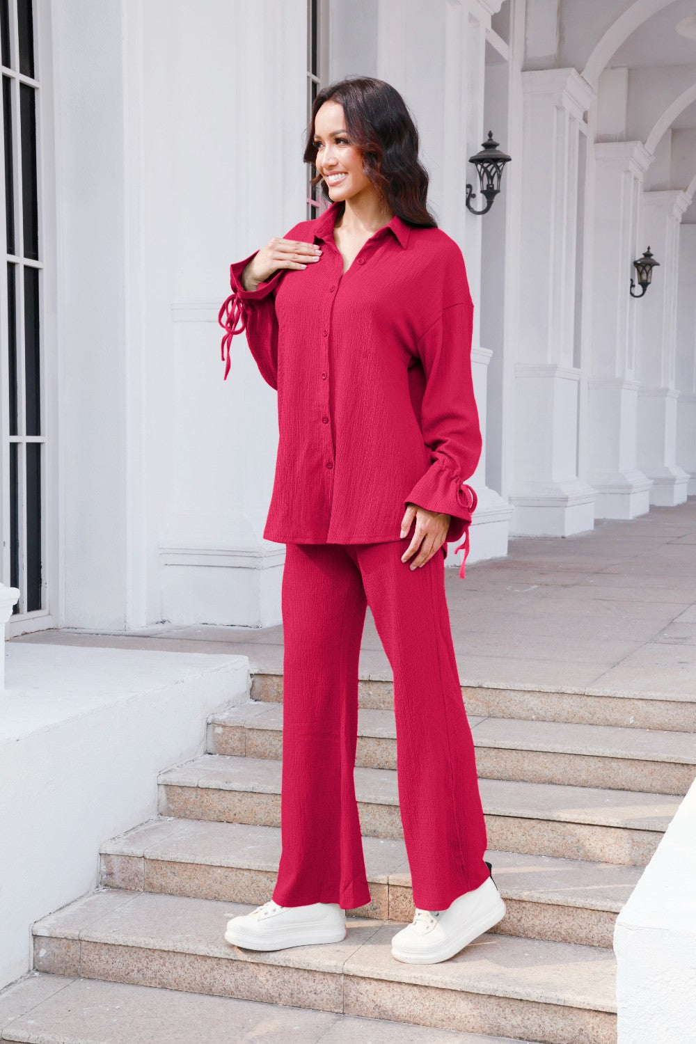 Drawstring Flounce Sleeve Shirt and Pants Set - The Boutie Shop